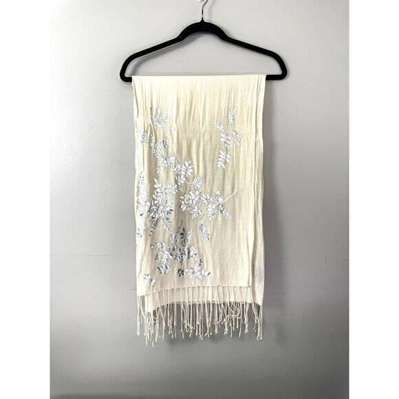 Cejon Ivory Silver Leaf Embossed Scarf Fringe Wrap Dressy Evening Shawl Glam Fit - Picture 1 of 15